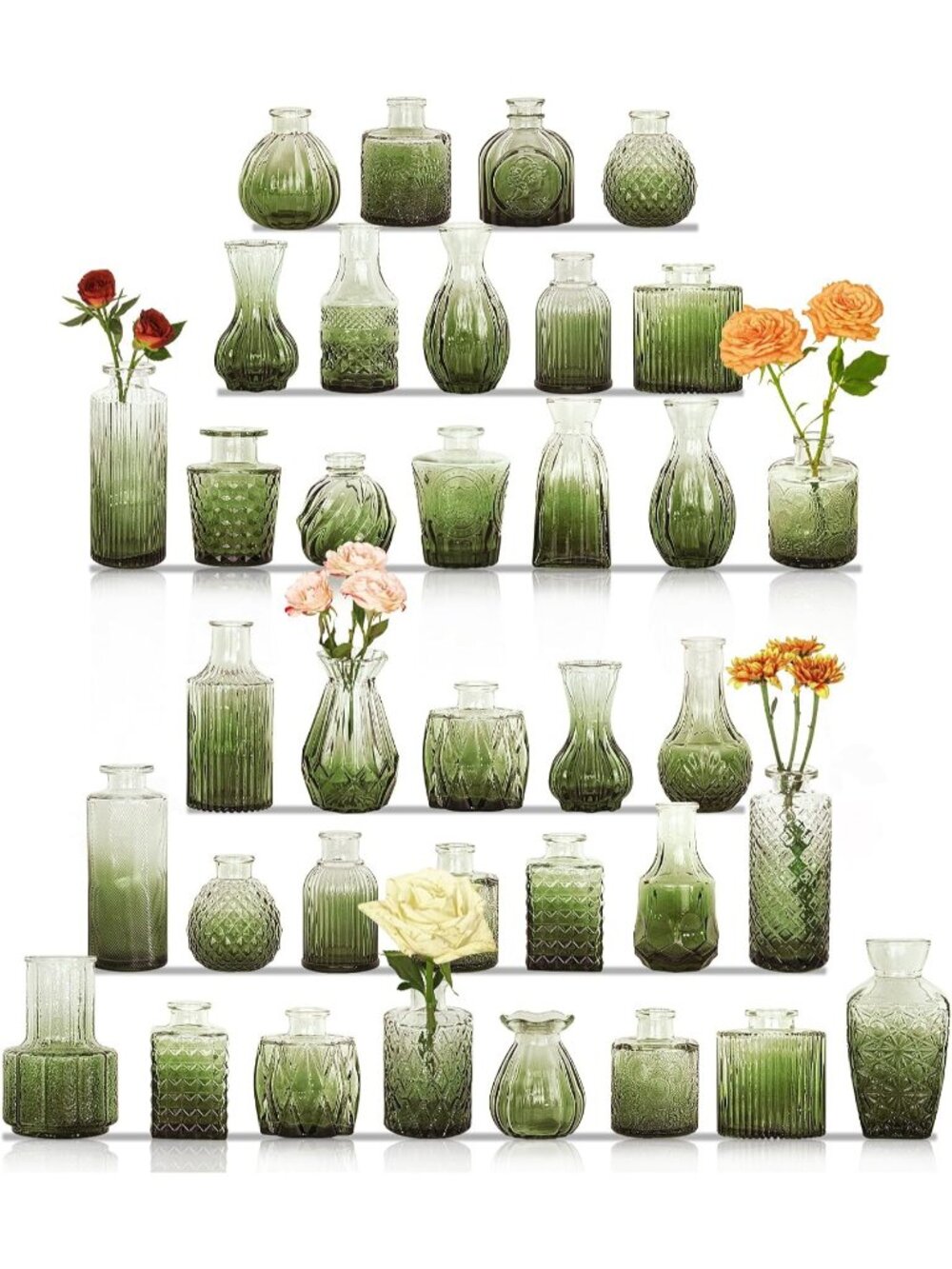 36 Set Of Vintage Glass Bottles Green Bud Vases Small Flower Vases For Home Dec